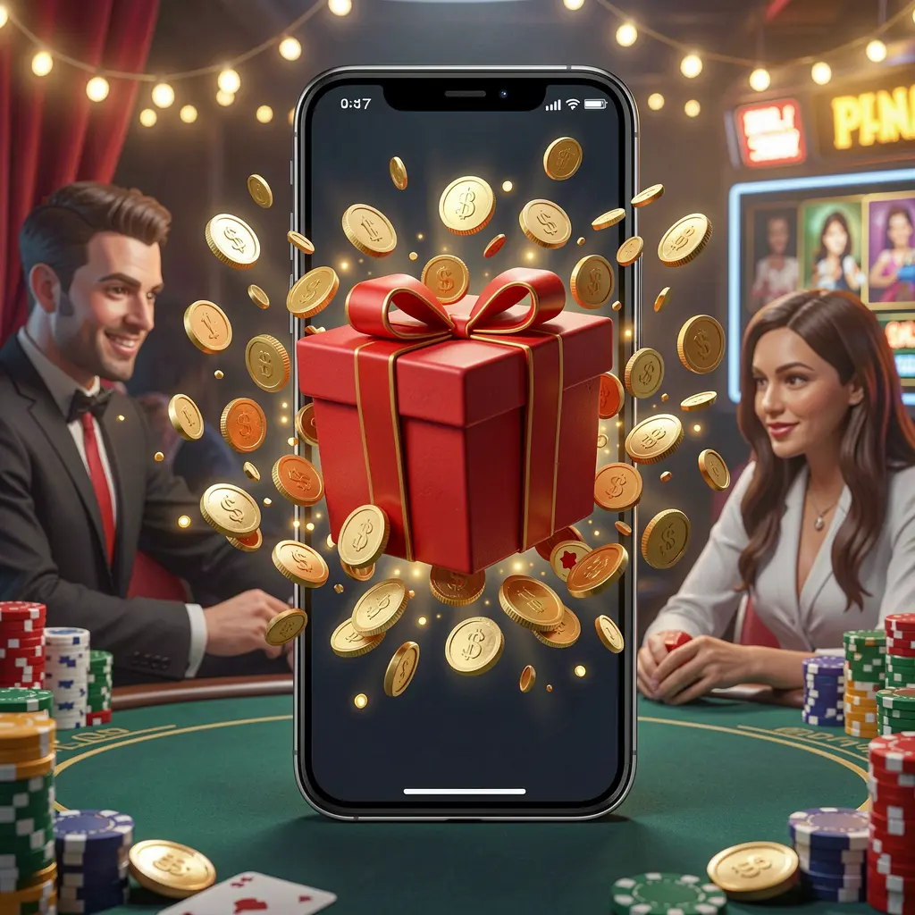 Ilustrasi 3D premium dari aplikasi bonus kasino seluler oleh 888XH yang menampilkan layar ponsel dengan kotak hadiah dan koin yang meledak keluar dalam suasana kasino meriah