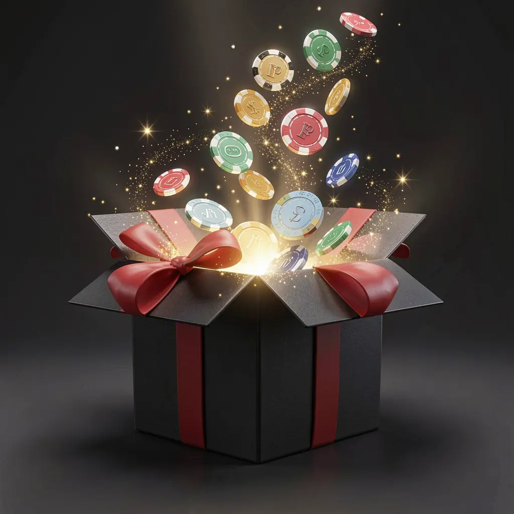 Render 3D realistis dari kotak hadiah bercahaya dengan chip kasino gratis yang meledak keluar, dikelilingi kilauan magis pada latar belakang premium gelap, menampilkan merek 888XH