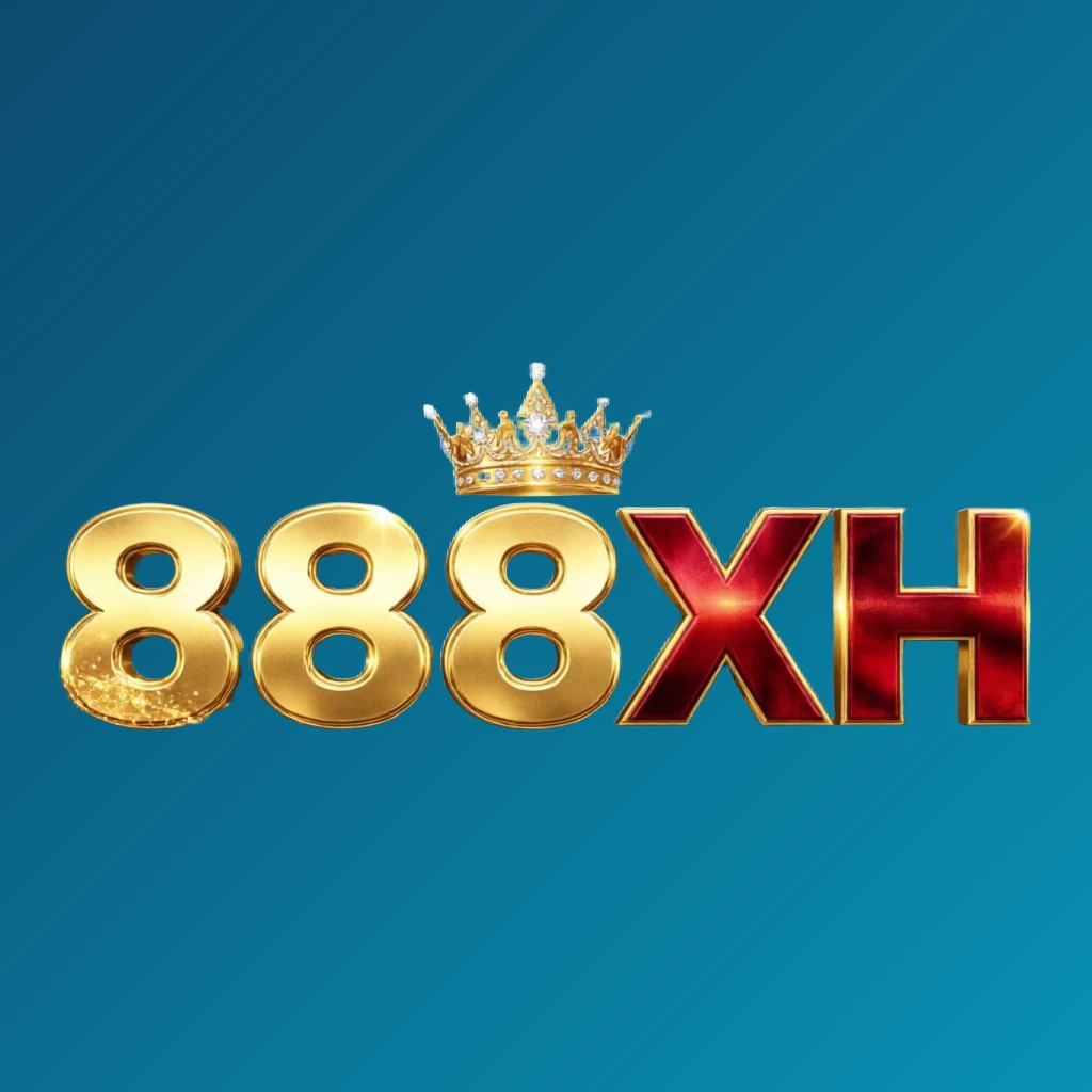 Logo bergaya kasino dinamis dengan teks 888XH dalam huruf tebal besar berwarna emas cerah dan merah marun, mahkota bercahaya dan efek cahaya berkilau, latar belakang transparan, logo wordmark horizontal untuk header situs web dari 888XH