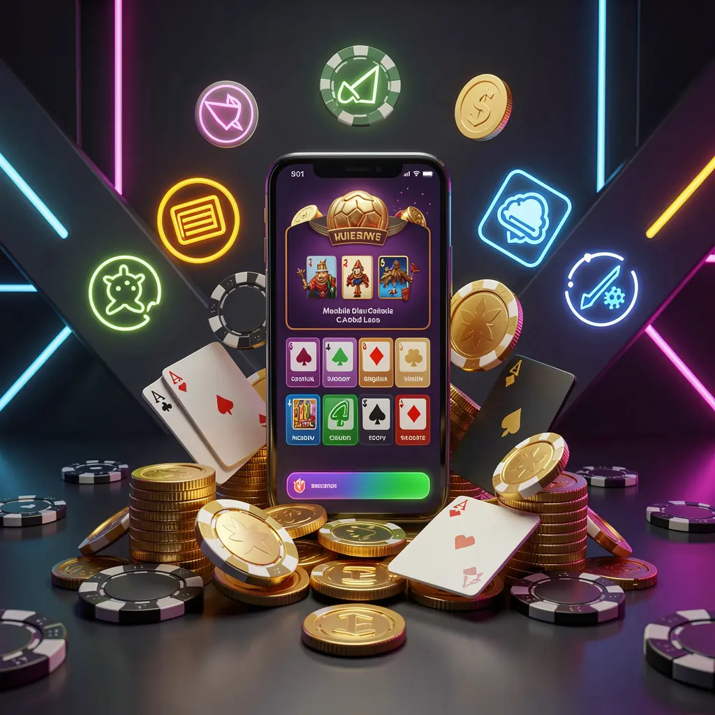 Konsep beranda kasino seluler yang menampilkan ponsel pintar dikelilingi koin emas, chip, kartu, dan ikon bercahaya pada latar belakang gelap modern dengan aksen neon, menampilkan ilustrasi 3D premium 888XH untuk permainan yang bertanggung jawab